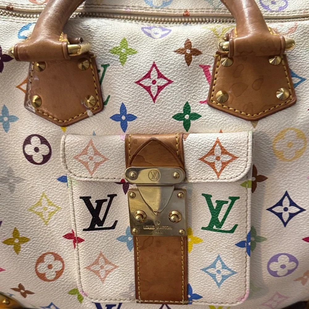 Louis Vuitton White Multicolor Monogram Satchel with Tan Leather Trim